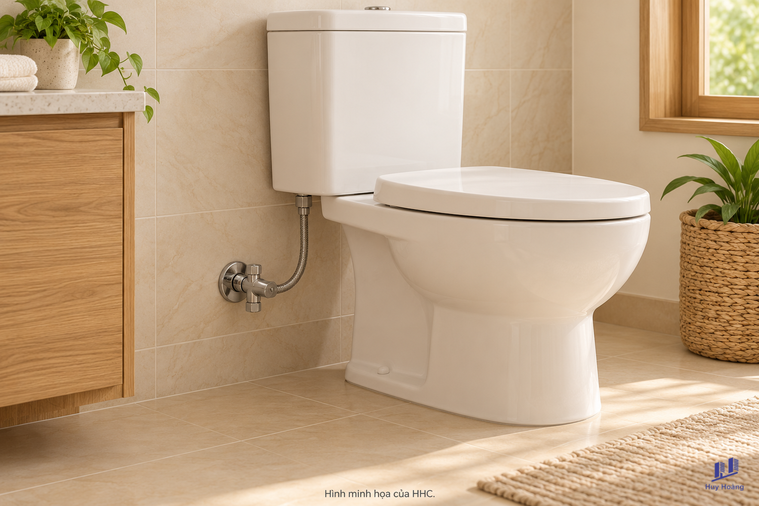 Minh họa: Dây cấp nước bồn cầu: xác nhận vị trí van và đầu nối trước khi đặt