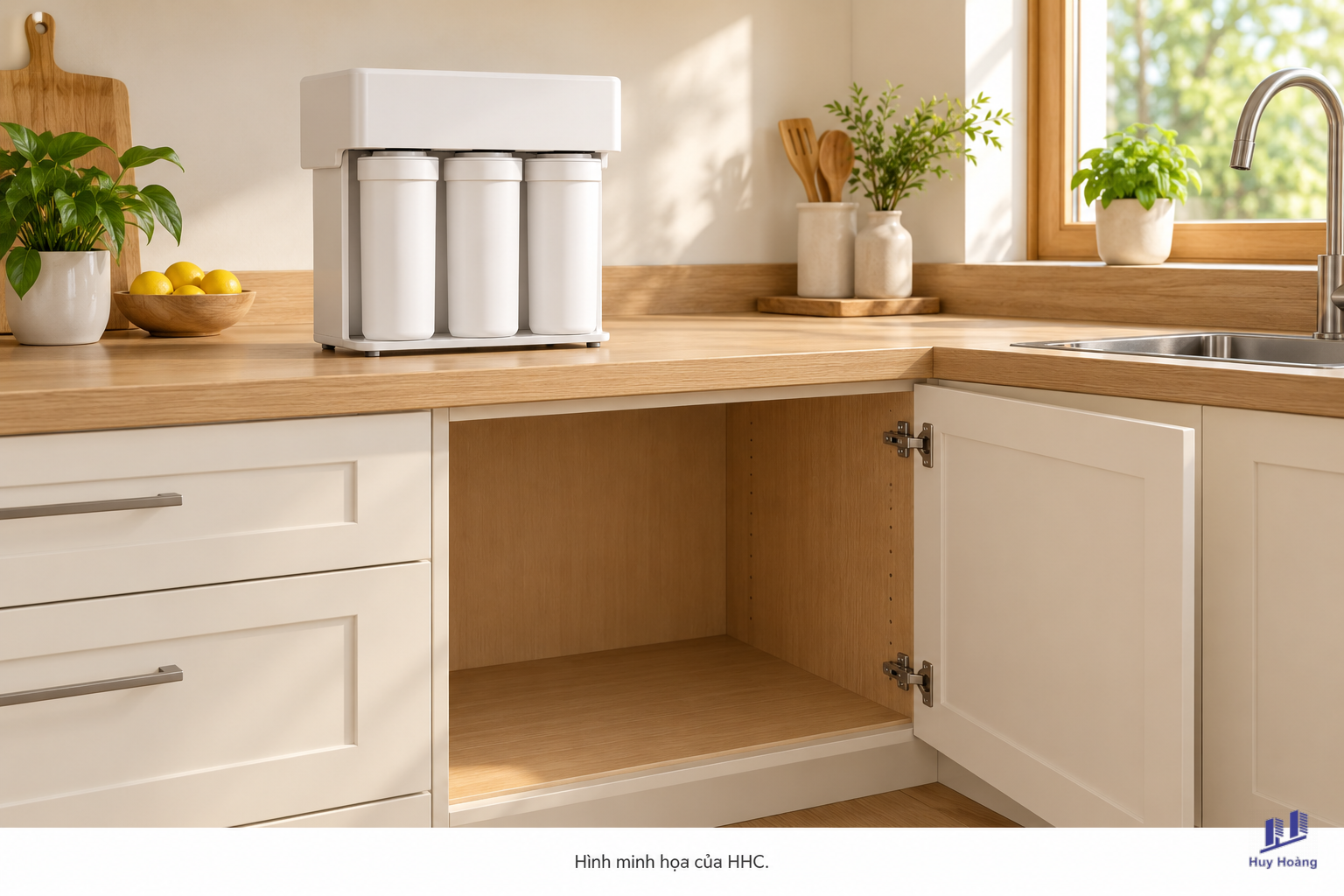 Minh họa: Máy lọc nước dưới chậu bếp: chừa đường thay lõi trước khi chia ngăn tủ
