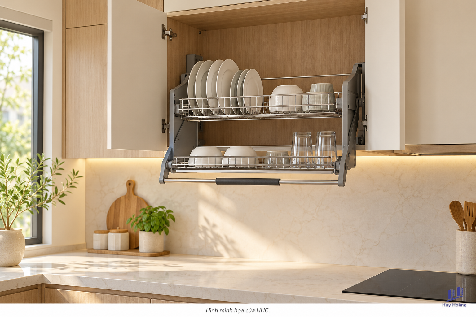 Minh họa: Giá bát nâng hạ tủ trên: thử tầm với và vùng hạ trước khi làm tủ