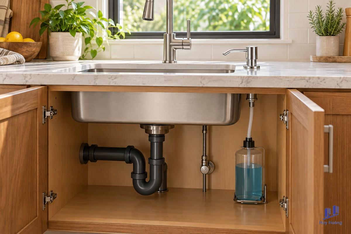 Bình xà phòng gắn chậu bếp: kiểm tra lỗ lắp và đường châm dung dịch