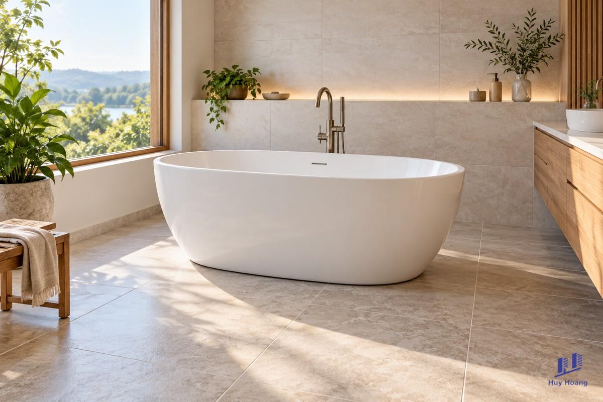Bồn tắm đặt sàn: chừa lối vệ sinh và kiểm tra vị trí cấp thoát nước