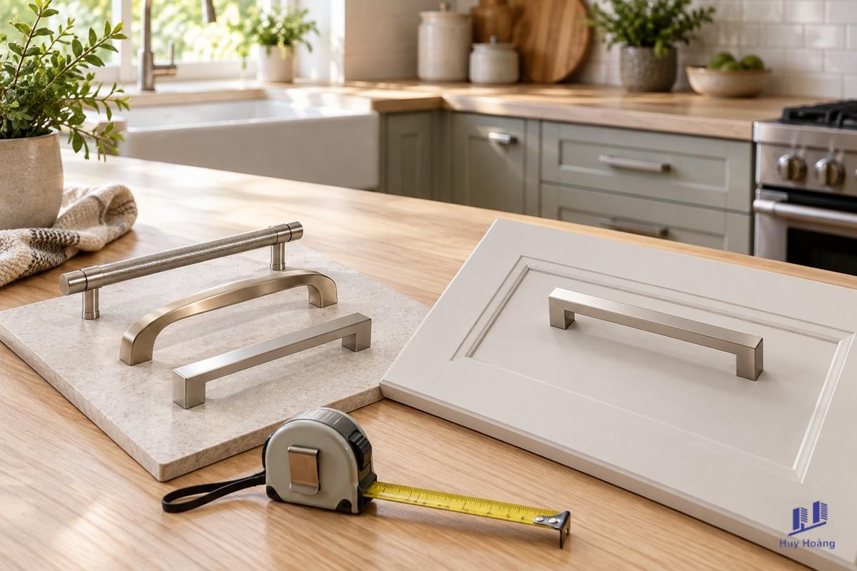 Tay nắm tủ bếp: cầm thử, đo khoảng cách lỗ và kiểm tra chỗ va chạm