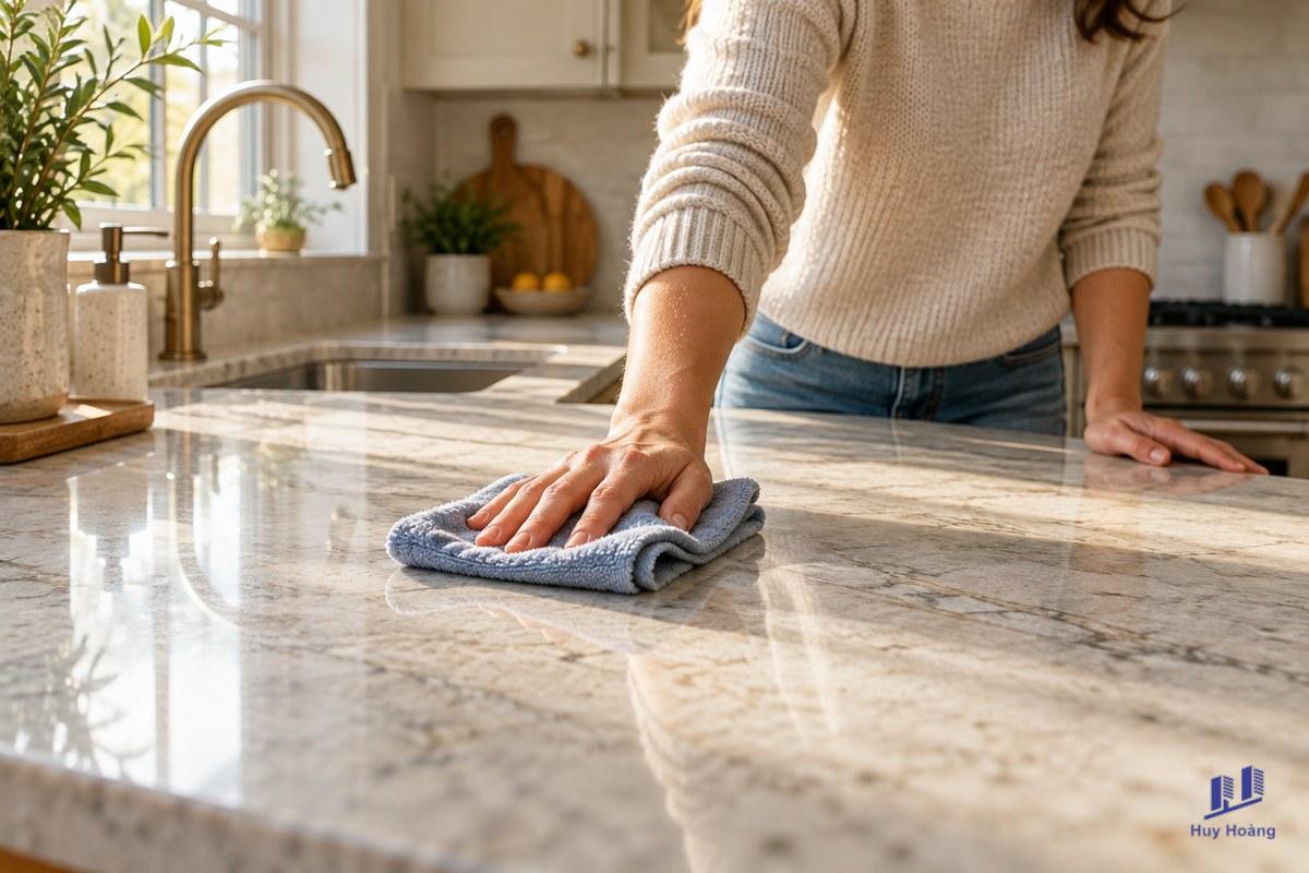 Vệ sinh mặt đá bàn bếp: xác định vật liệu trước khi chọn chất lau