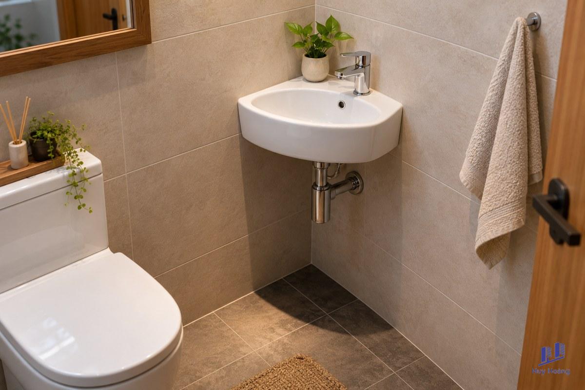 Lavabo góc cho nhà vệ sinh phụ: thử chỗ đứng trước khi chọn