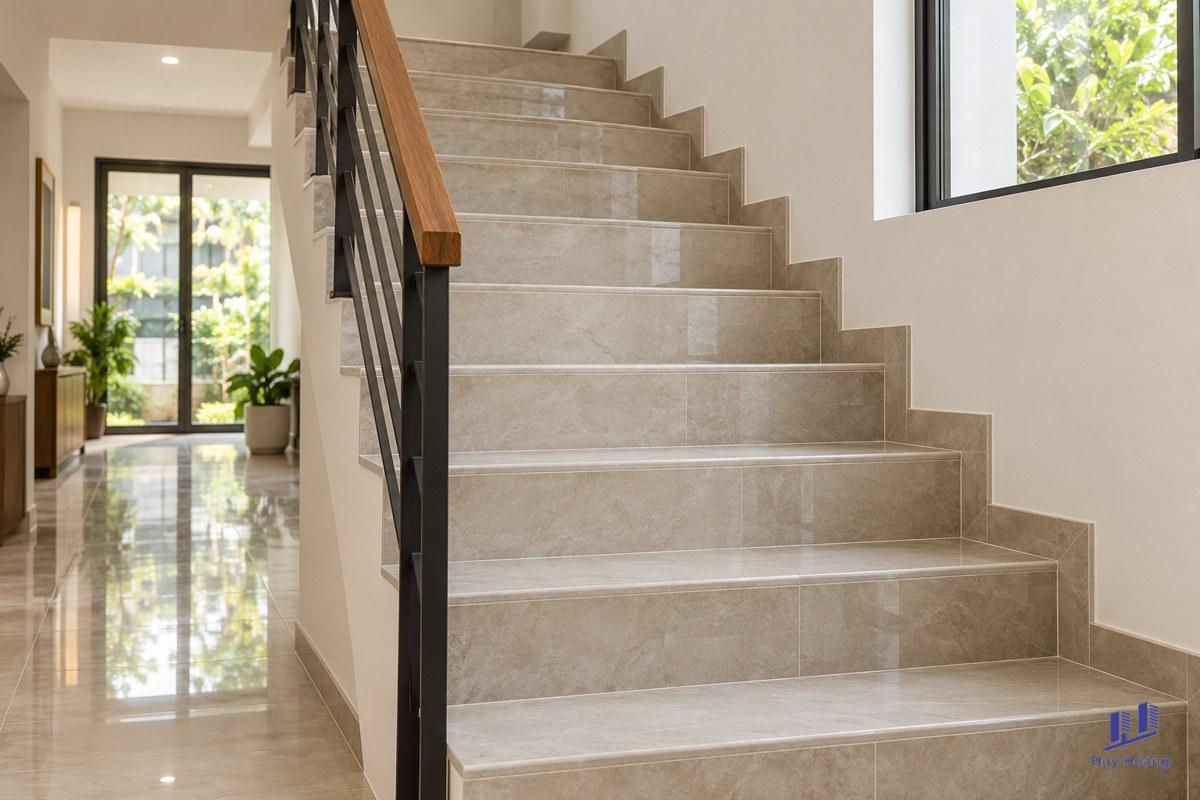 Gạch ốp cầu thang: thống nhất mép bậc và bố cục trước thi công