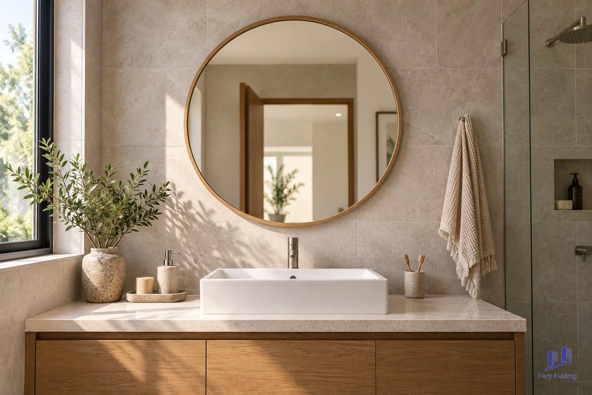 Gương tròn trên lavabo: thử tỷ lệ và góc nhìn trong phòng tắm