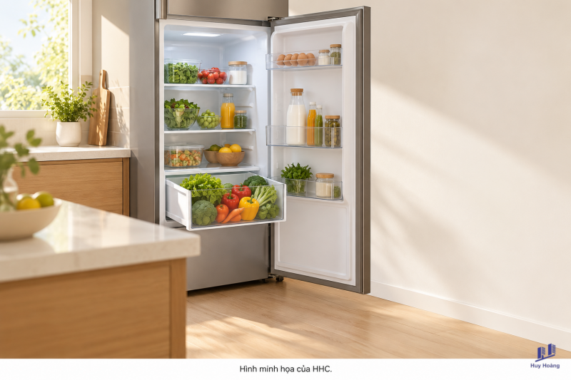 Minh họa Tủ lạnh cạnh vách: thử góc mở cửa và đường lấy ngăn trước khi làm tủ