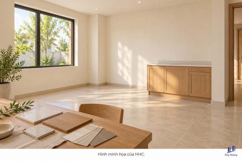 Minh họa Gạch nền dưới hệ tủ bếp: thống nhất ranh giới thi công và cao độ